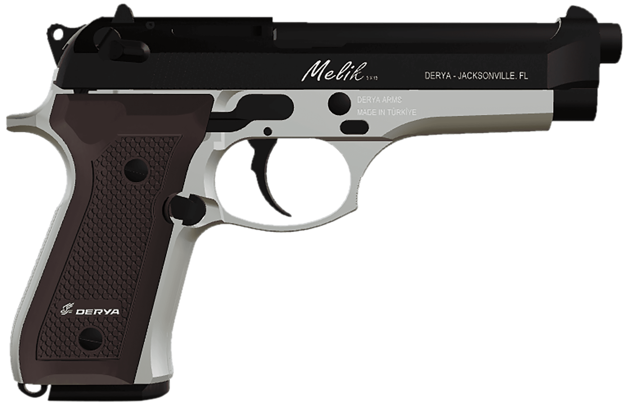 Derya Firearms 10LTTMELIK9TR Melik Two Tone 9mm 10+1 4.90" Black Melotine Slide/ Silver Anodized Frame Dark Walnut Grip