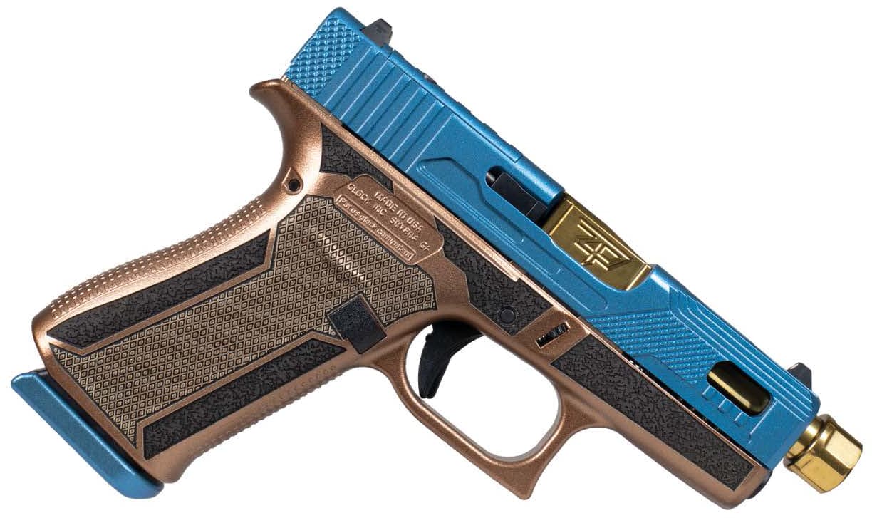 Glock G43X 9mm 3.41 Barrel 10rd Blue Slide Gold Threaded Barrel Hybrid Stipple Frame