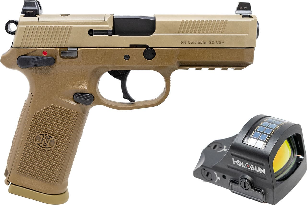 FN 66102272 FNX w/Optic 45 ACP 10rd 5.30" Black Steel Barrel, Flat Dark Earth Optic Ready/Serrated Stainless Steel Slide & Polymer Frame w/Picatinny Rail, Holosun 407C Red Dot, 5 Mags, Ambidextrous