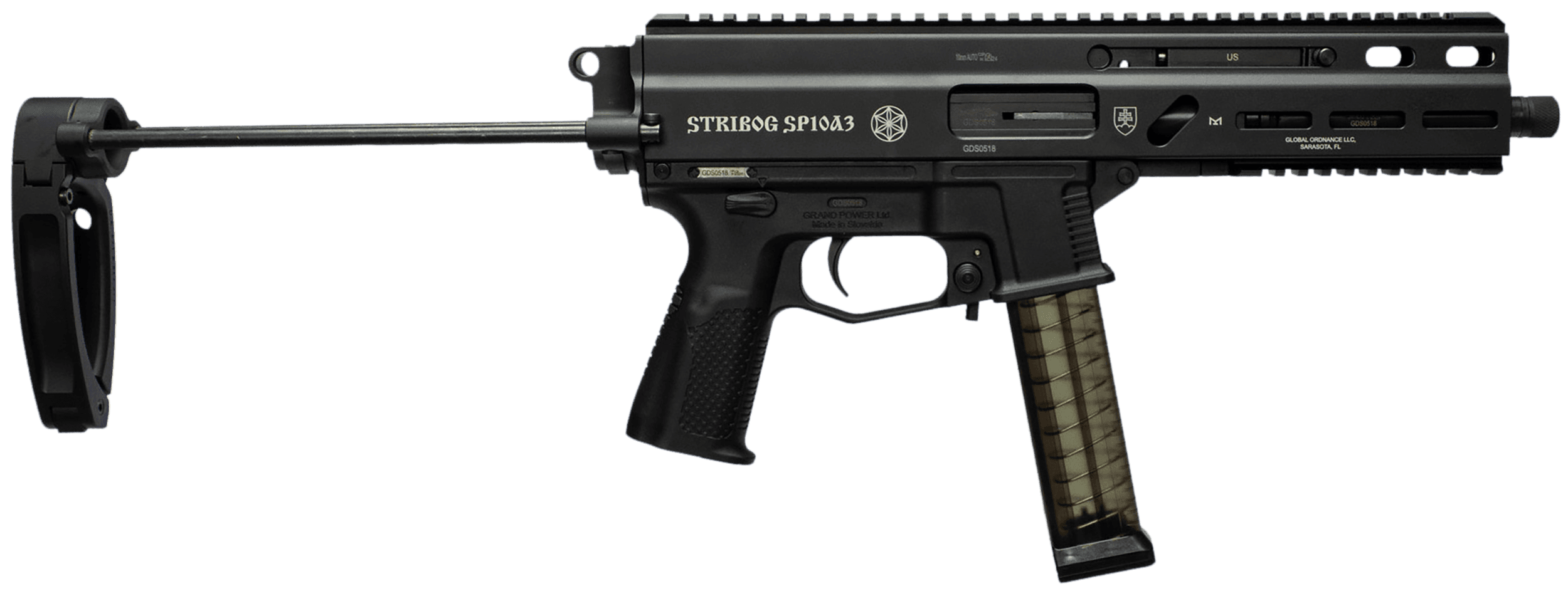 Global Ordnance Stribog SP10A3 10mm Auto 8" 20 Rounds PDW Tailhook Brace