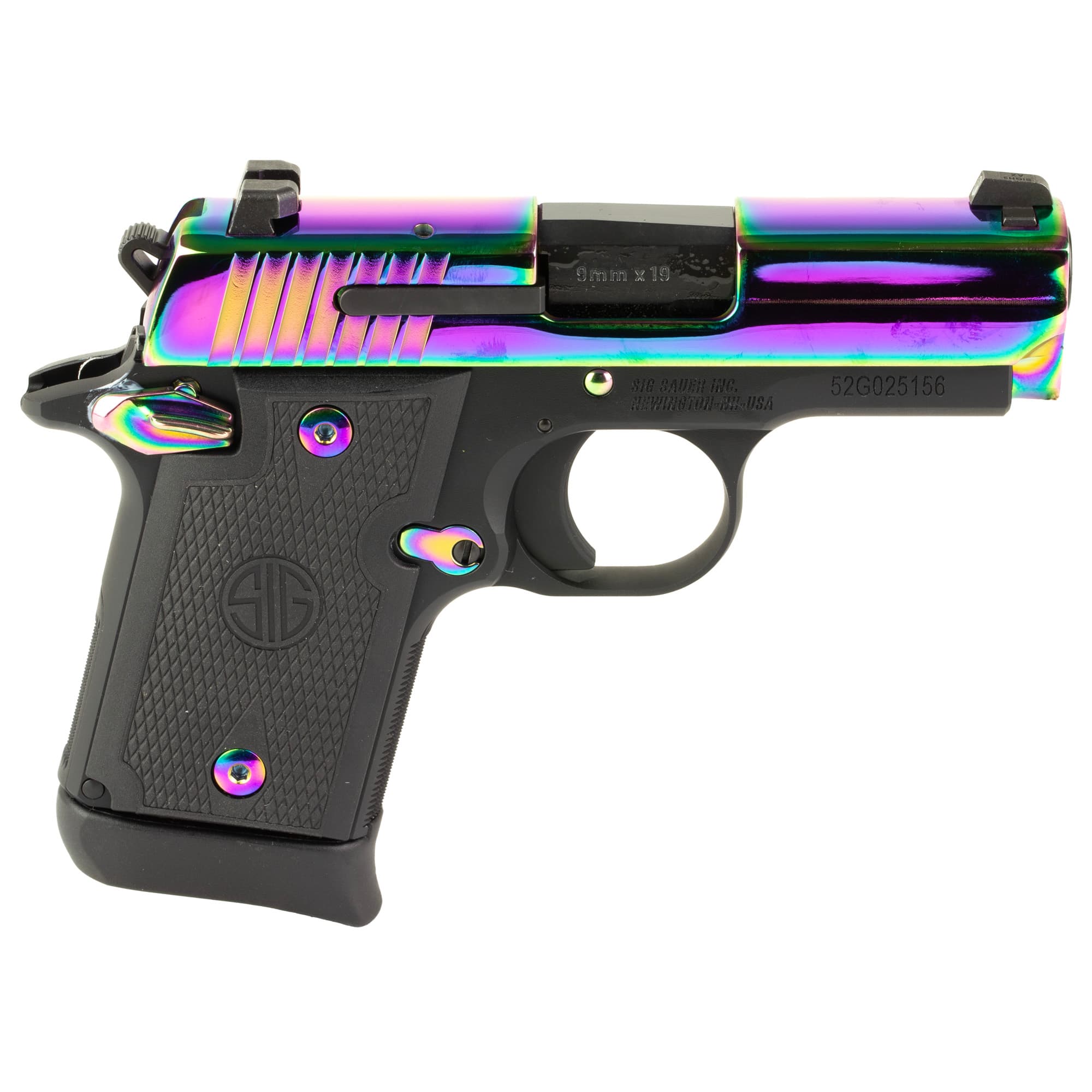 Sig Sauer P938 9mm Luger 3in 7+1 Rainbow Titanium PVD Slide Stainless Frame Hogue G10