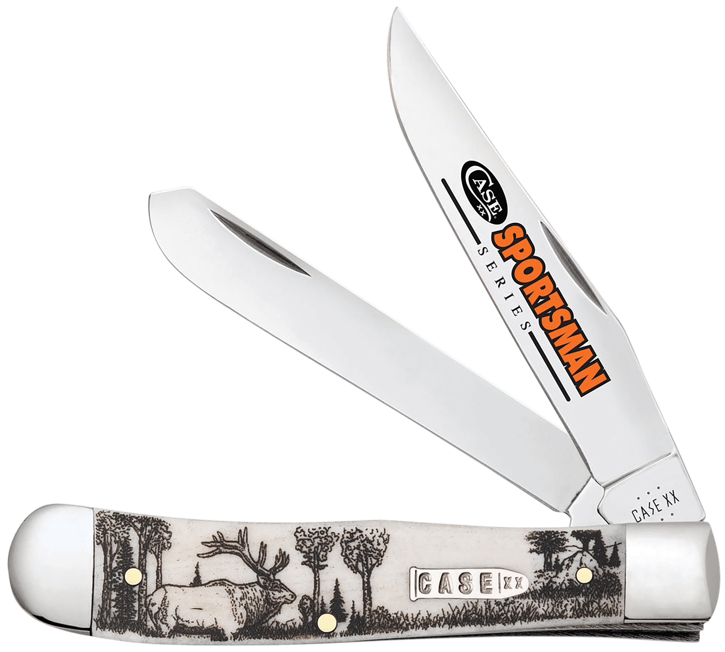 Case 81222 Trapper Sportsman Folding Clip Point/Spey Plain Mirror Polished Tru-Sharp SS Blade/Elk Embellished Natural Bone Handle