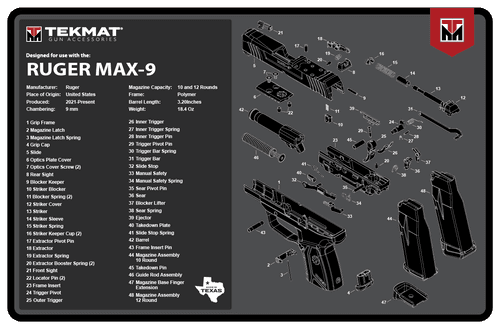 TekMat Ruger Max 9 Cleaning Mat Rubber 11"x17" Parts Diagram