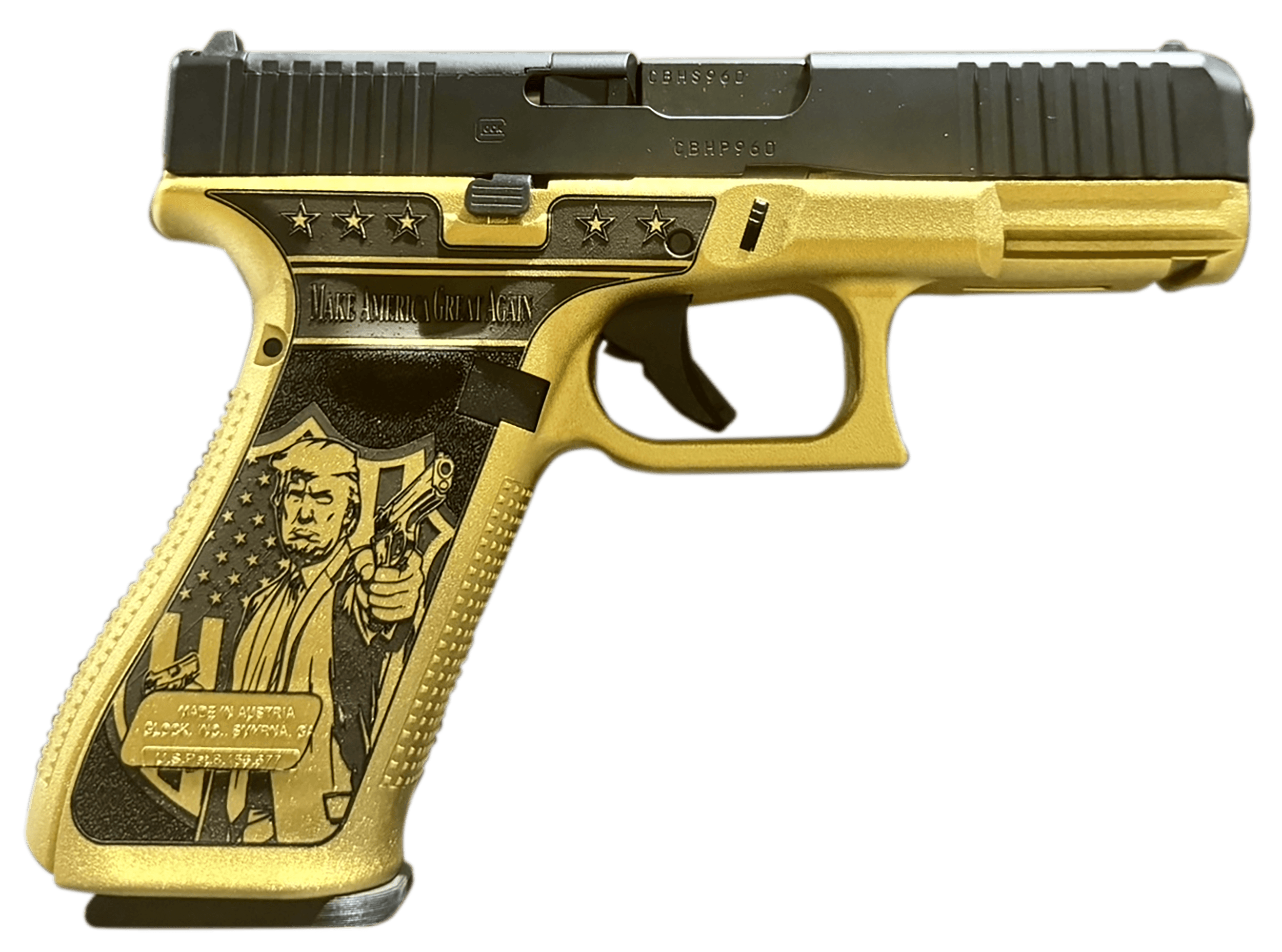 Glock G47 Gen5 9mm Luger 4.49in 17+1 Gold w Trump Engraving Frame MOS Cut Slide