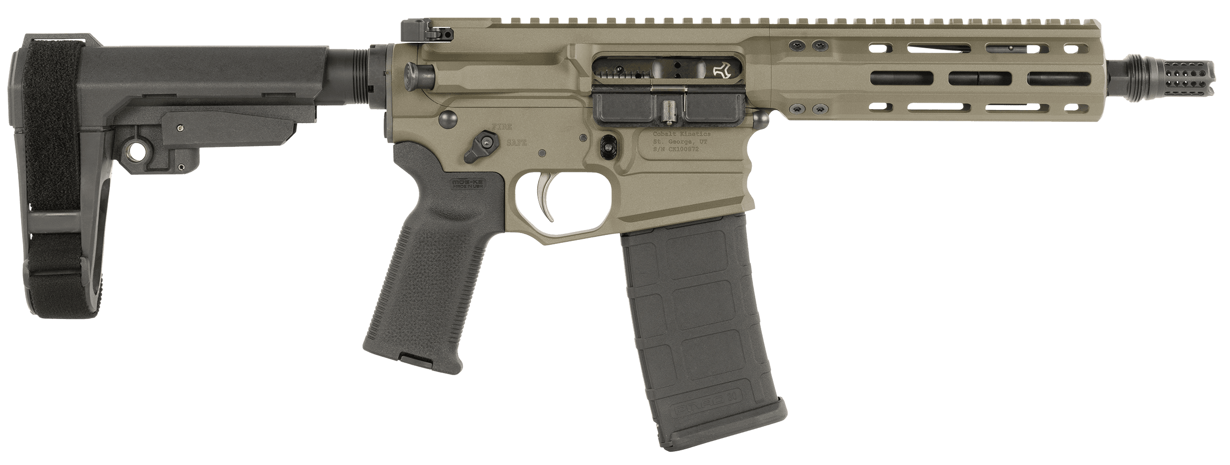 Cobalt Kinetics CKPROLITE30075CKG Pro Light  300 Blackout 7.50" Black Melonite Barrel, CK Green Aluminum Picatinny Rail Receiver, Polymer SB Tactical SBA3 Brace, Black Polymer Grip
