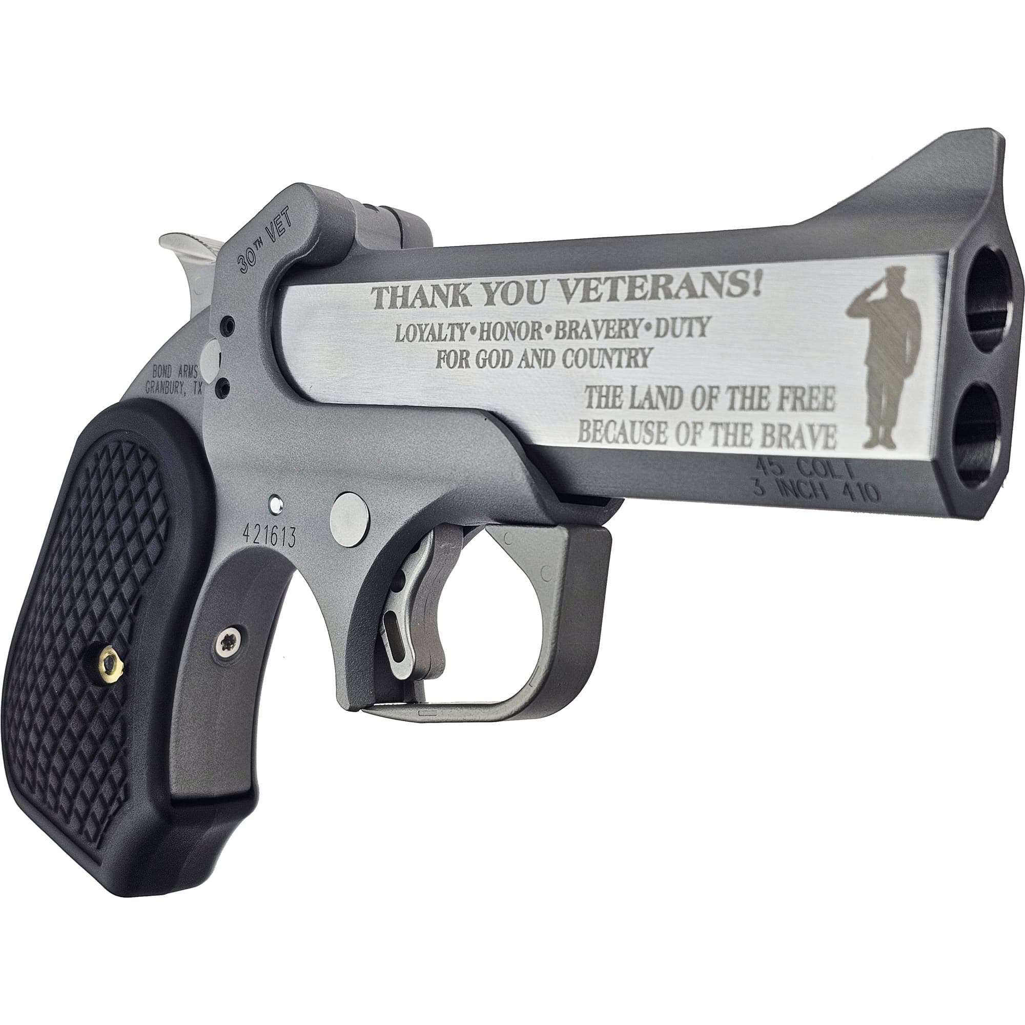 Bond Arms BA30THVET-45LC/410 30th Vet  45 Colt (Long Colt)/410 Gauge 2 Shot 4.25" Engraved Rough Matte Stainless Steel Barrel & Frame, Black Rubber Grip