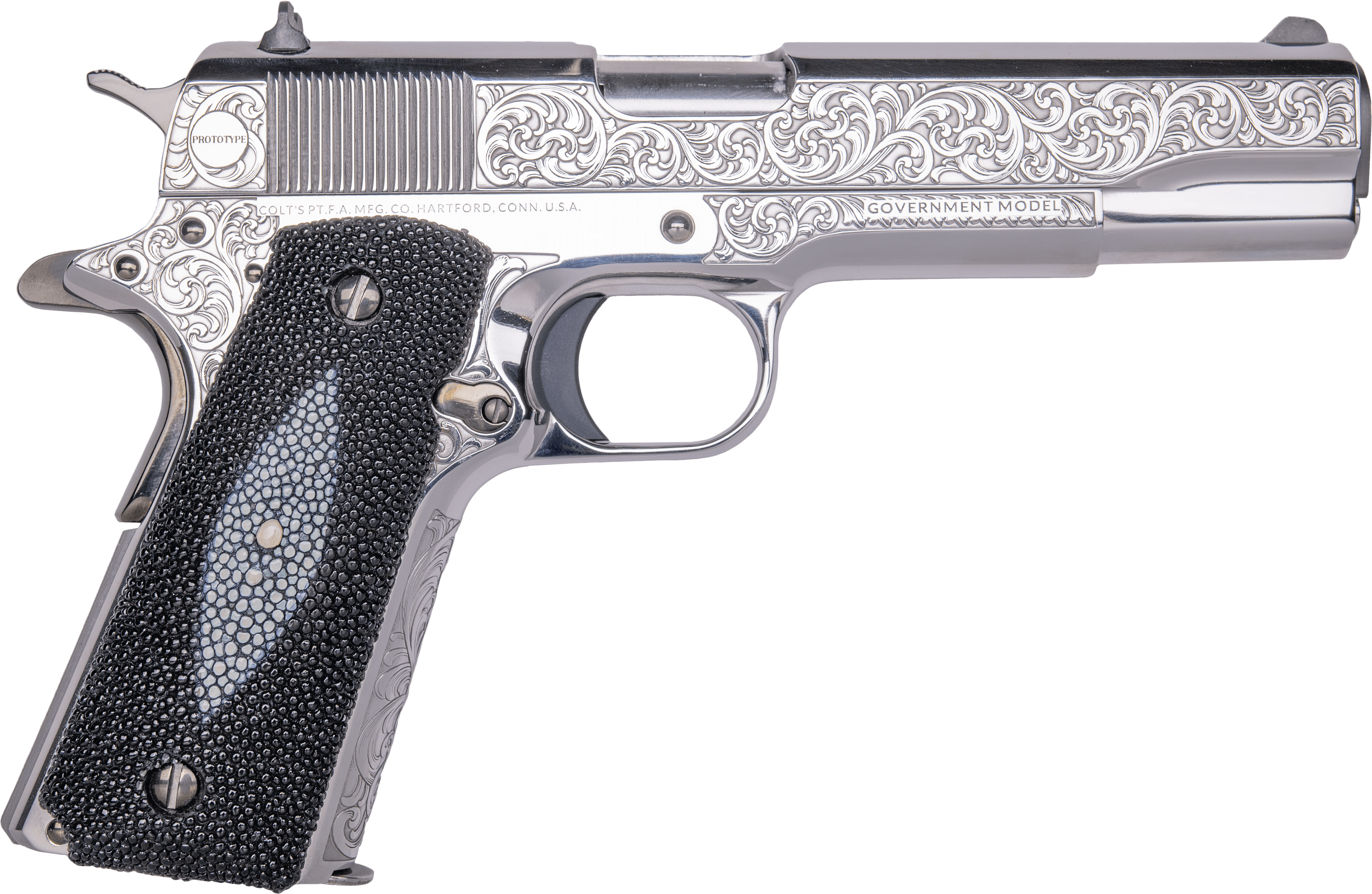 Cnc Firearms CNCTUX38 Colt 1911 Tuxedo 38 Super 5" Stainless Steel Barrel, High Polished w/Black DLC Engraving Stainless Steel Serrated Slide & Frame, Stingray Grip