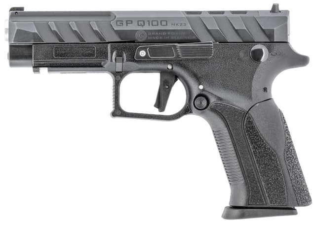 Grand Power 8588005808668 Q100 Mk23 9mm Luger 15+1 4.25" Stainless Rotating Barrel, Black Steel Optic Ready/Serrated Slide, Black Steel Frame w/Accessory Rail & Beavertail, Textured Grip