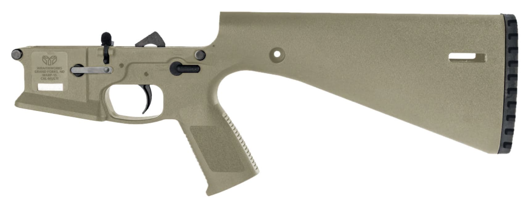 Wraithworks WARP-15 Polymer Complete AR15 Lower Receiver - FDE | Mil-Spec Parts Kit | Integral Buttstock & Textured Pistol Grip | Trap Door Buttplate