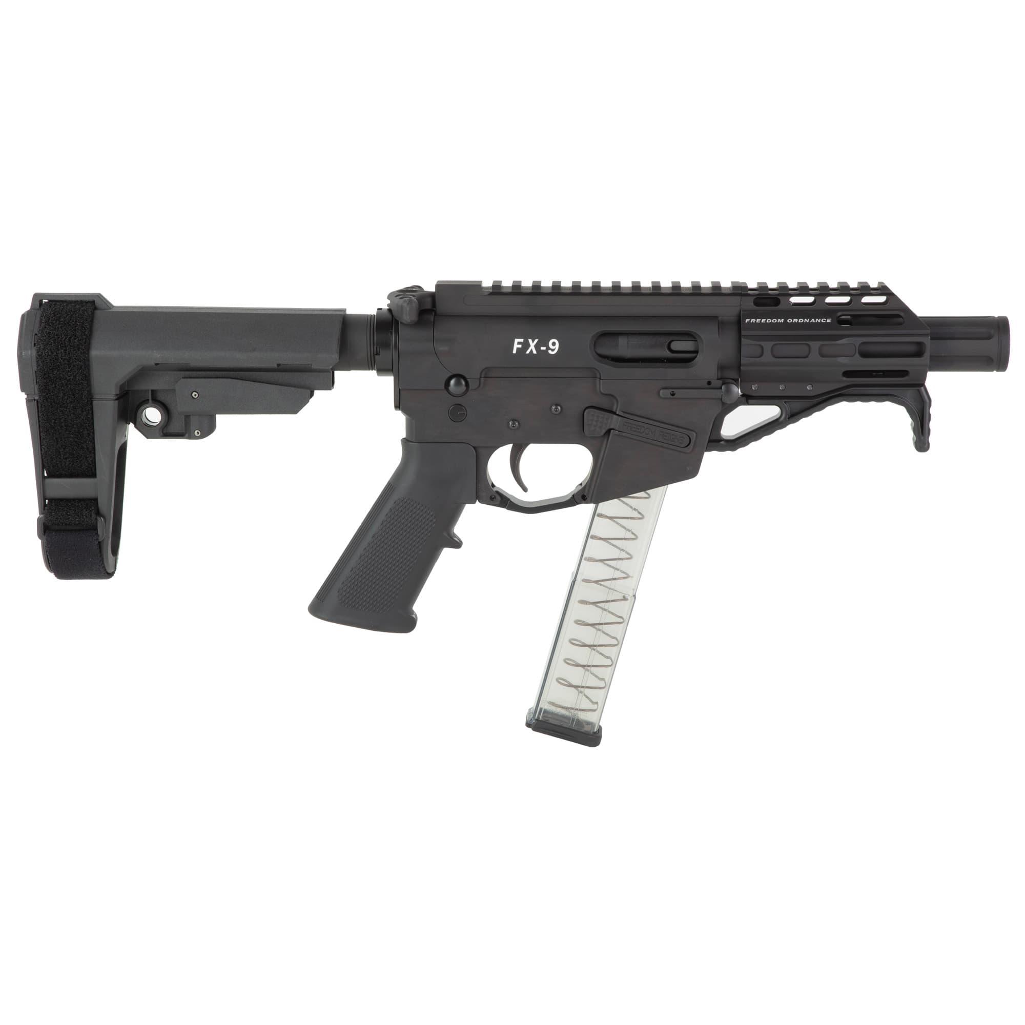 Freedom Ordnance FX9P4S FX-9  9mm Luger 31+1 4" Black Nitride Barrel w/Faux Suppressor, Black Hard Coat Anodized Aluminum Receiver, SB Tactical SBA3 Pistol Brace Stock, Black Polymer Grip