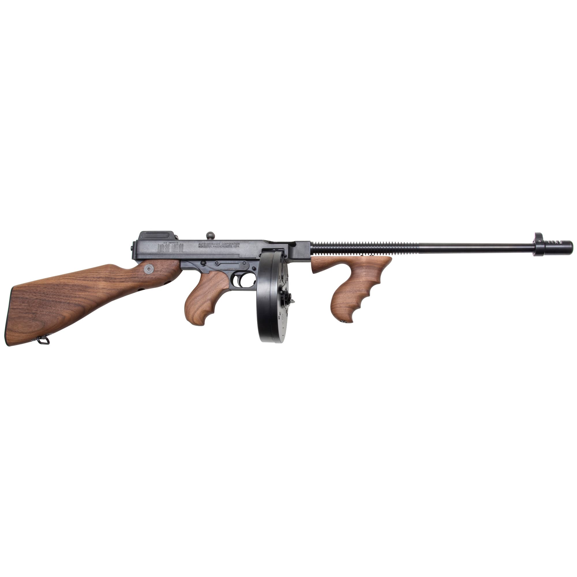 Thompson T1100D 1927A-1 Deluxe Carbine 45 ACP Caliber with 18" Barrel, 20+1 Capacity (Stick), 100+1 Capacity (Drum), Blued Metal Finish, American Walnut Stock Wood Grip Right Hand