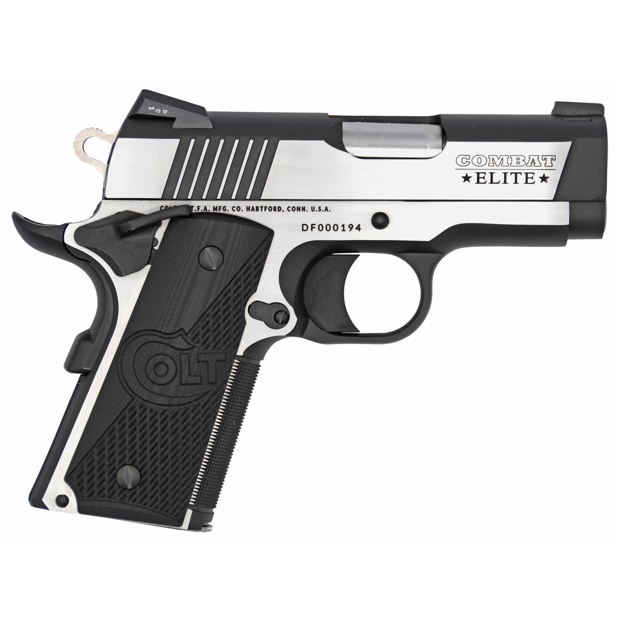 Colt 1911 Combat Elite Defender .45 Acp 3 inch 7 round Two Tone Stainless G10 Grips Single Action Only Ambidextrous Night Sights