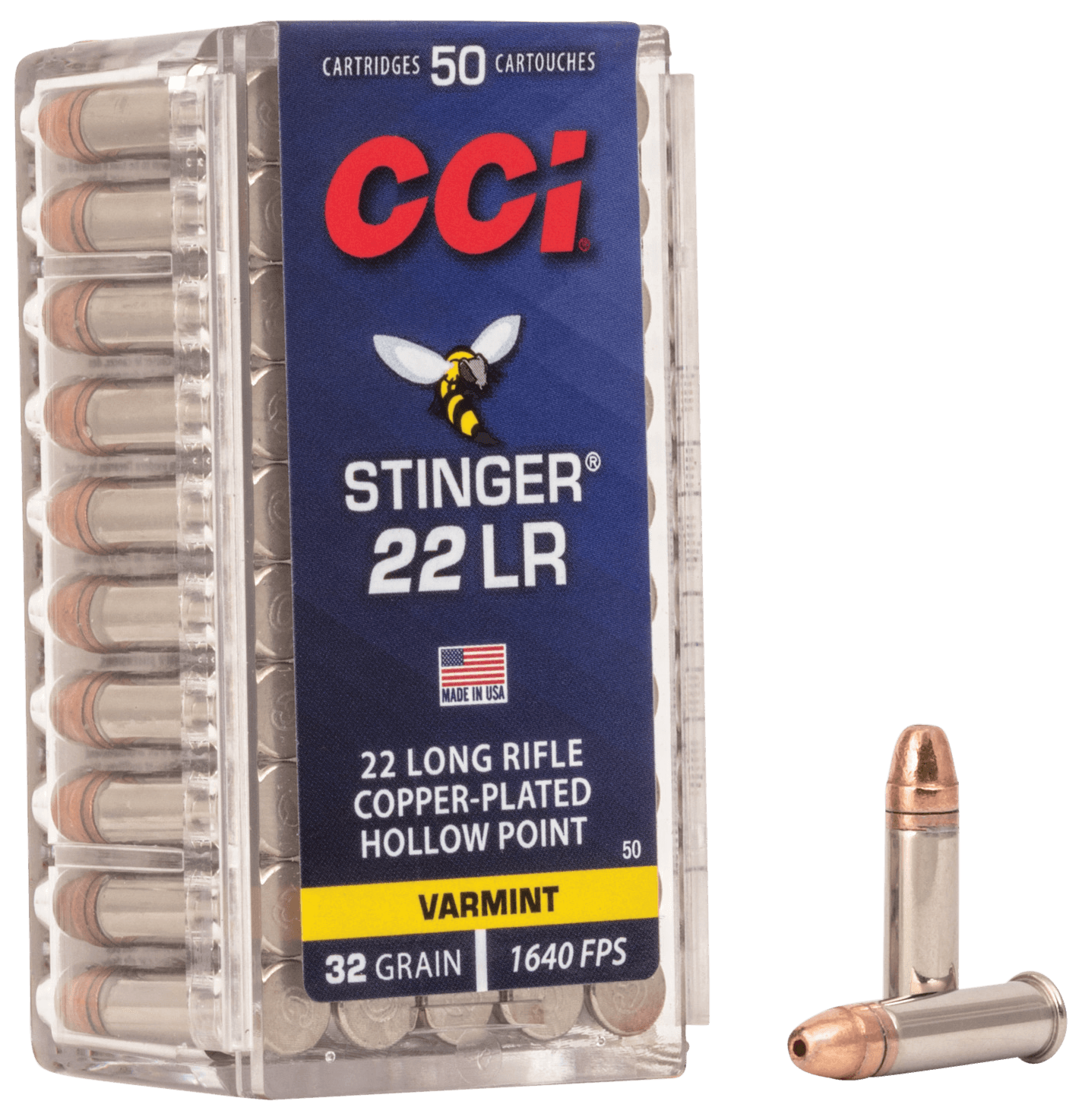 CCI Varmint Stinger 22 Long Rifle Copper Plated Hollow Point 32 Grain 50 Rounds