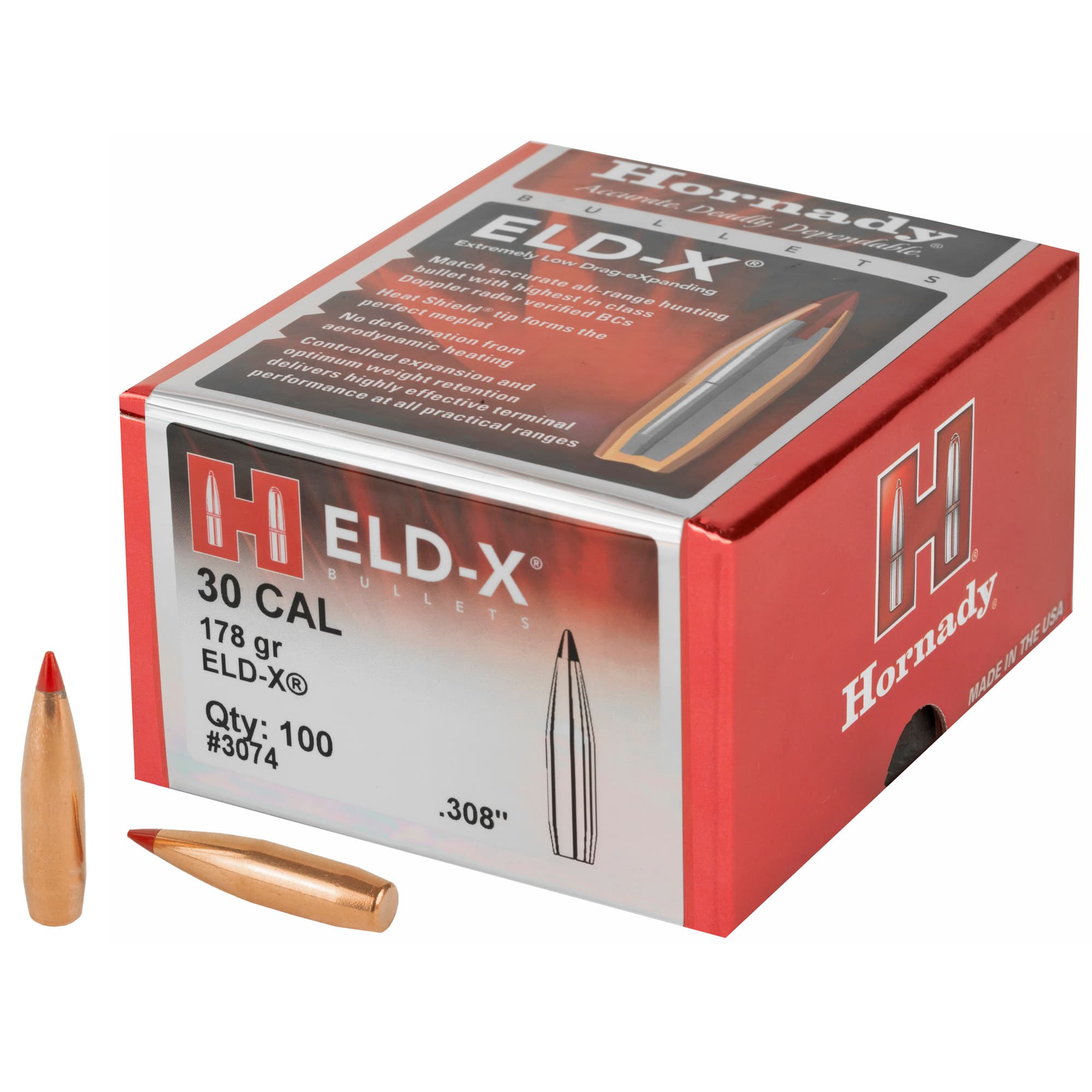Hornady ELD-X Bullets with Heat Shield Tip .30 cal .308" 178 gr 100/Box
