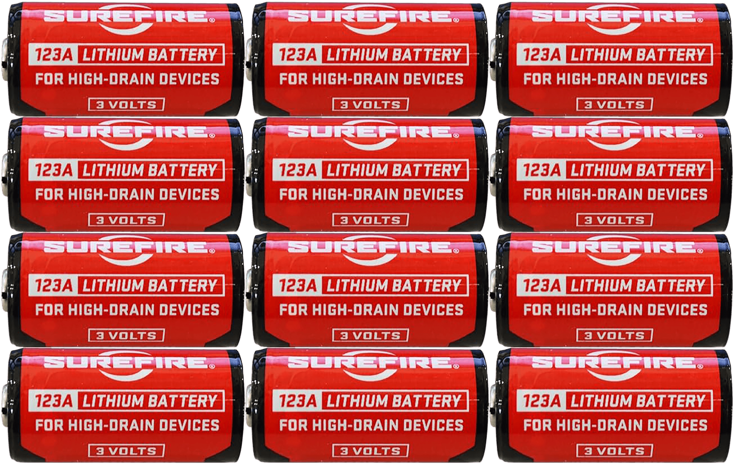 SureFire SF12ABBCS 123A Batteries  Red/Black 3.0 Volts 1,550 mAh (12) Single Package Clamshell