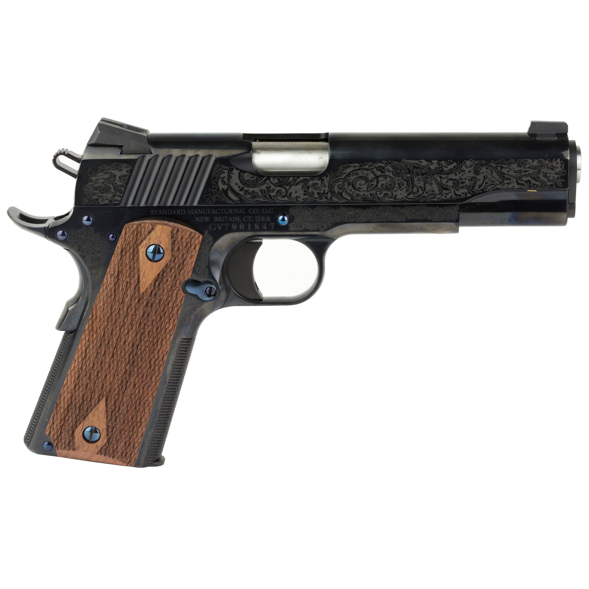 Standard Manufacturing 1911 Pistol - Blued Finish | .45ACP | 5" Barrel | 7rd | Rosewood Grips | Custom Engraved