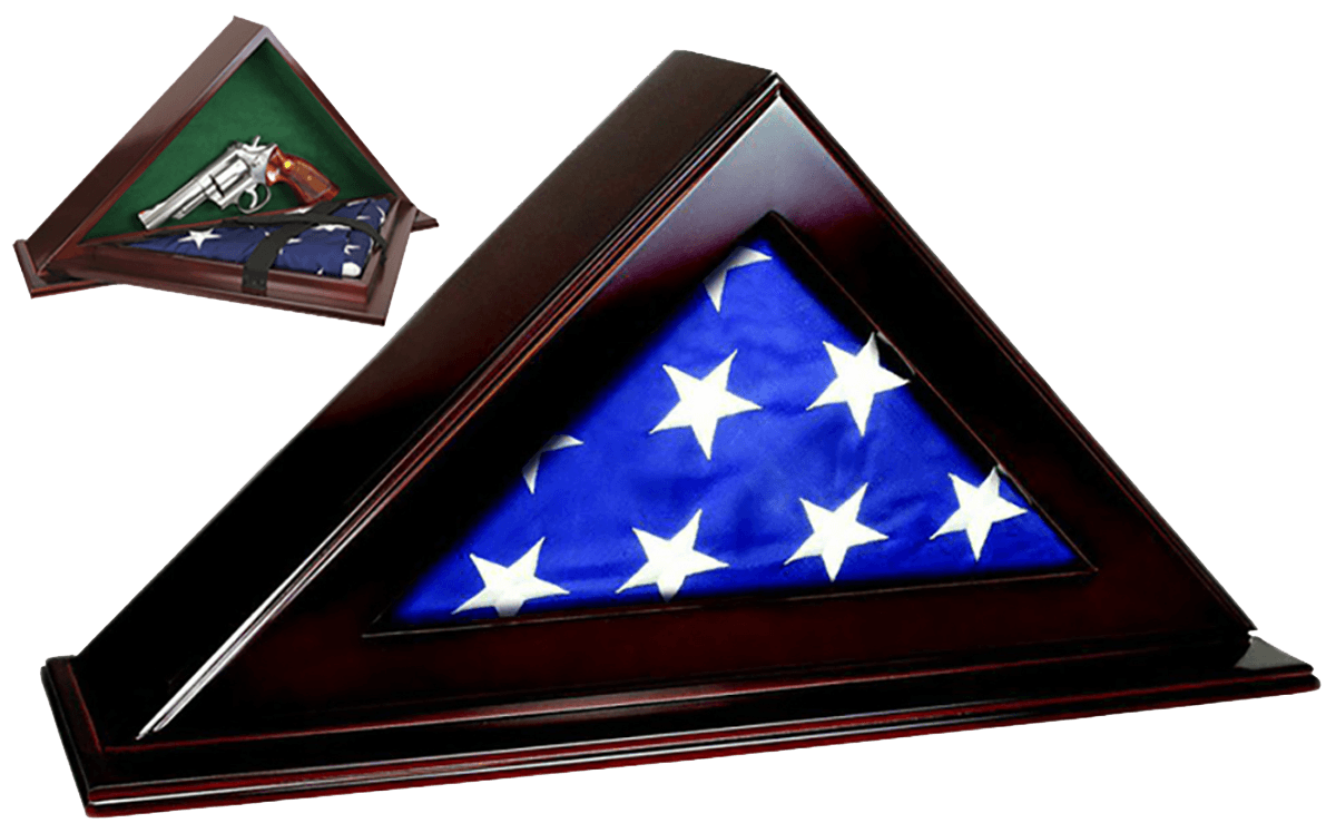 Peace Keeper PFC Patriot Flag Case  Key Entry Mahogany Stain Wood Holds 1 Handgun 22" W x 4.25" D x 11.50" H