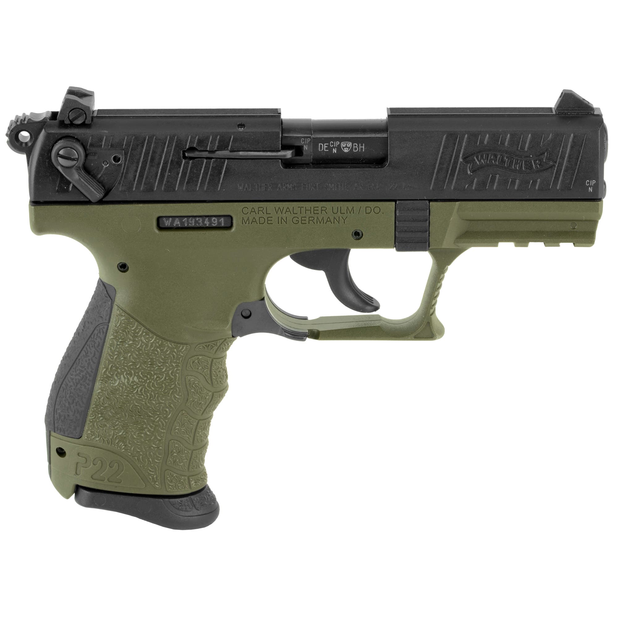 Walther Arms 5120715 P22 Q Military 22 LR 10+1 3.42" Steel/Threaded Barrel, Matte Black Tenifer Serrated/Steel Slide, OD Green Polymer Frame w/Picatinny Rail, Black Interchangeable Backstrap Grips