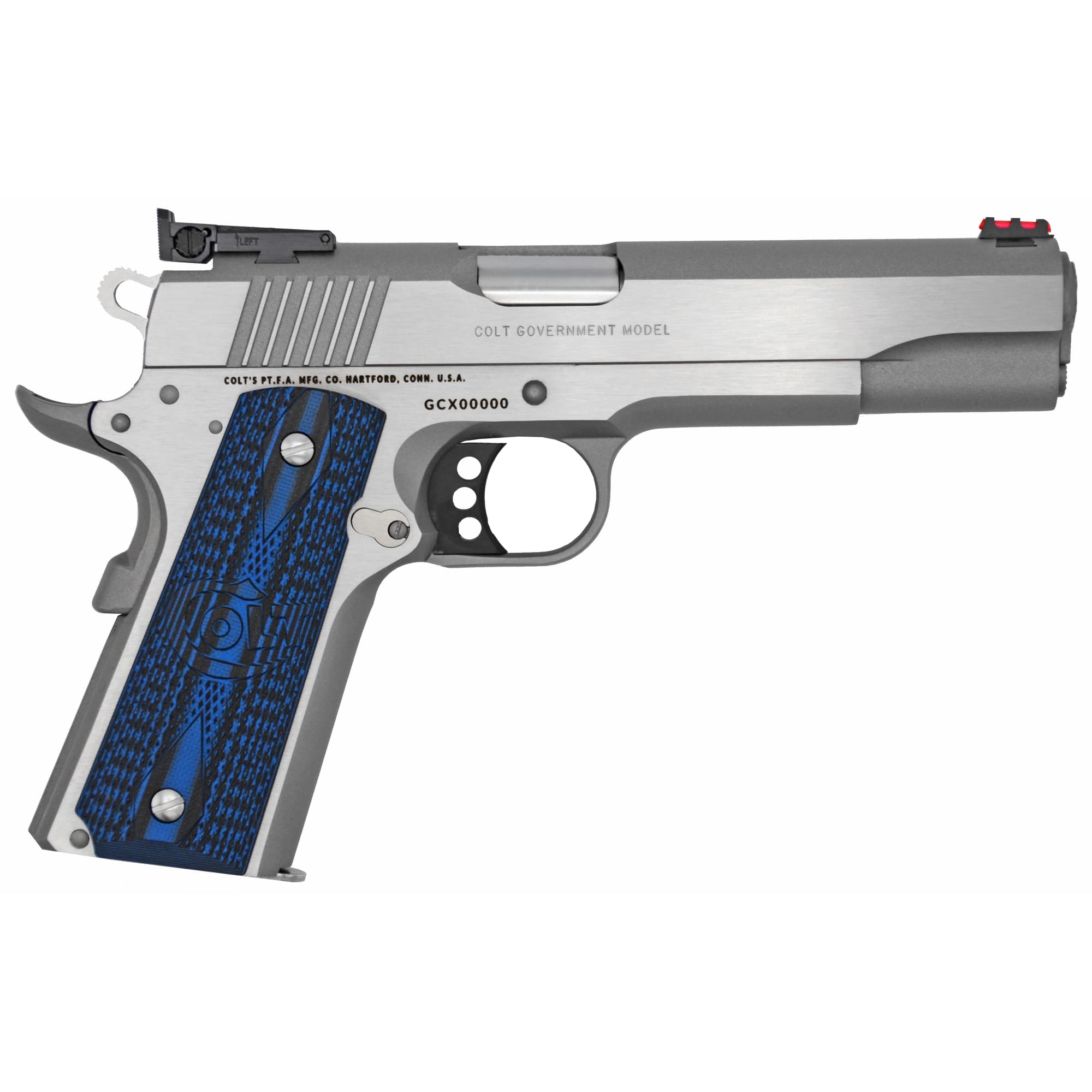 Colt, 1911 Gold Cup Pistol, .45 ACP, 5 inch, 8+1 rounds, Stainless Steel, Blue Scalloped G Ten Grips