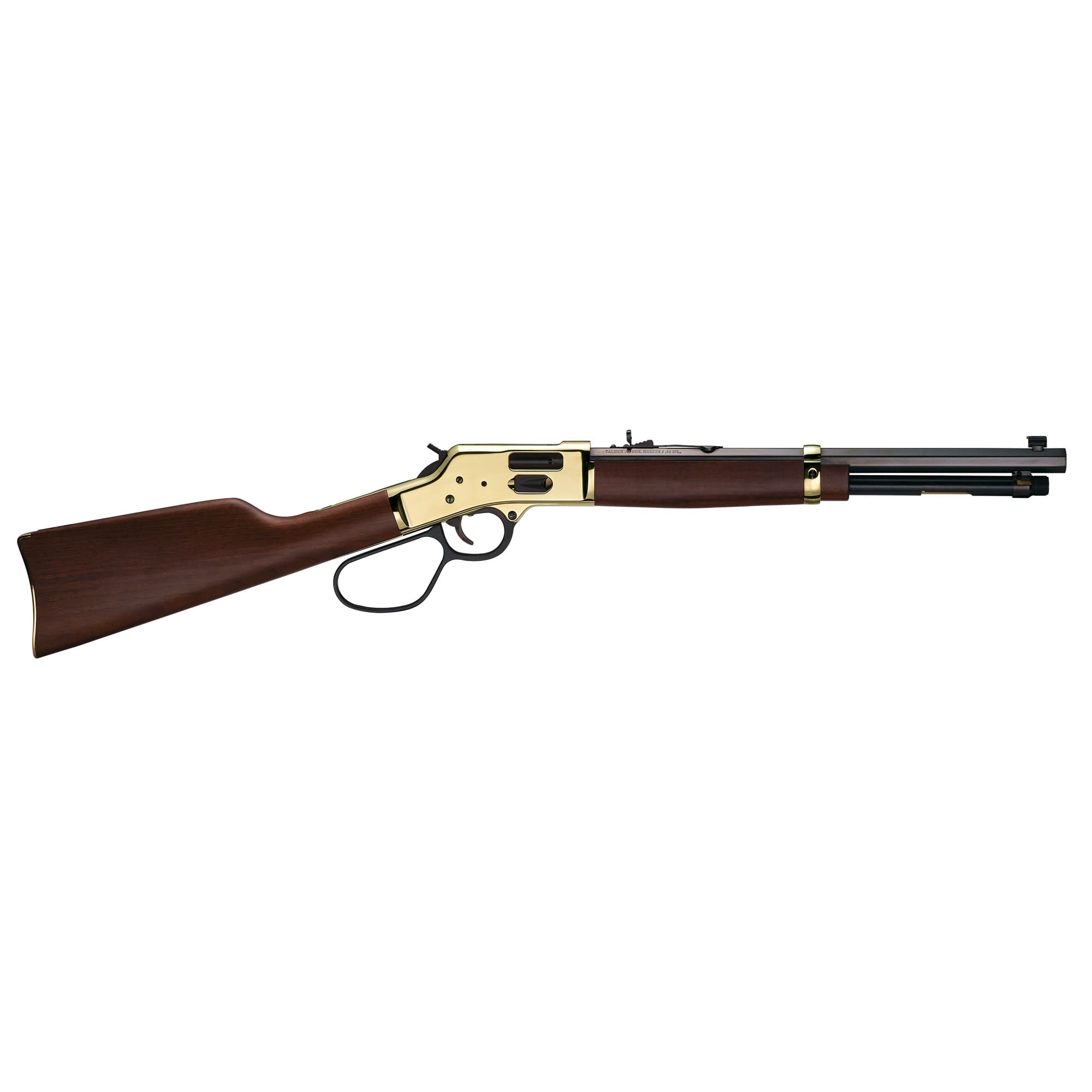 Henry H006GMR Side Gate Carbine 357 Mag/38 Special 7+1 16.50" Blued Octagon Barrel, Polished Brass Rec, American Walnut Stock, Adj. Sight, Large Loop Lever