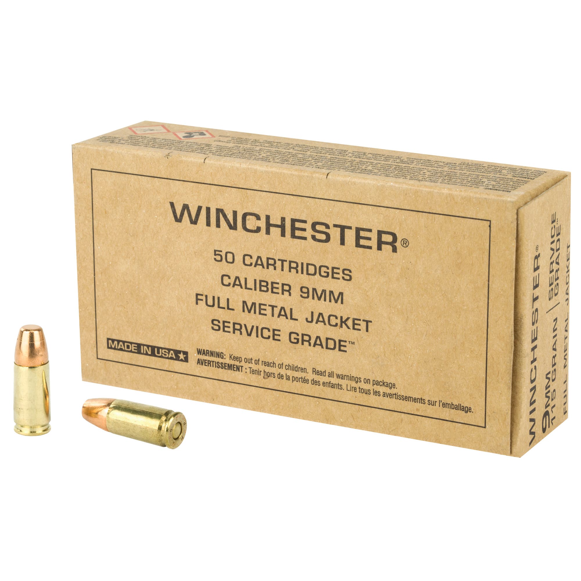 Winchester, Service Grade, 9mm Luger, Full Metal Jacket, 115 Grain, 50 Rounds