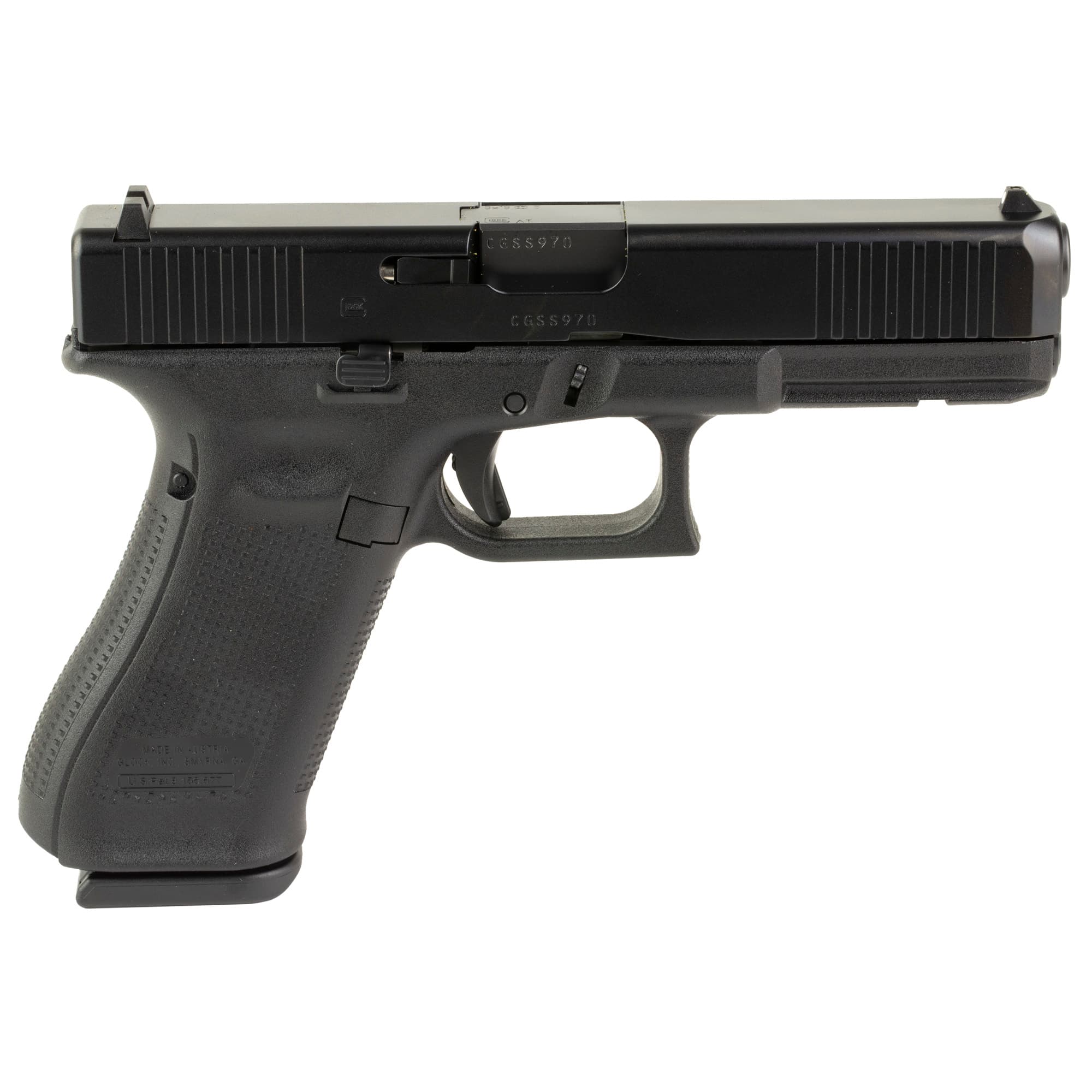 Glock PV1750203 G17 V Standard Frame 9mm Luger 17+1 4.49" Black GMB Barrel, Black nDLC Steel Serrated Slide  Black Polymer Frame w/Accessory Rail, Textured Polymer Grip,  Ambidextrous