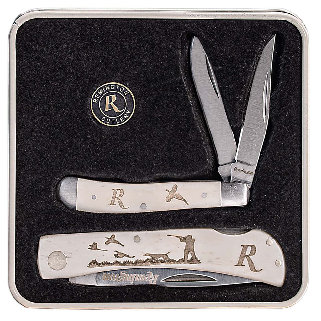 Remington Accessories 15684 Flushing Pheasant Limited Edition Gift Tin 2.75"/3.50" Folding Plain Stainless Steel Blade White w/Etched Upland Hunting Scene Bone Handle