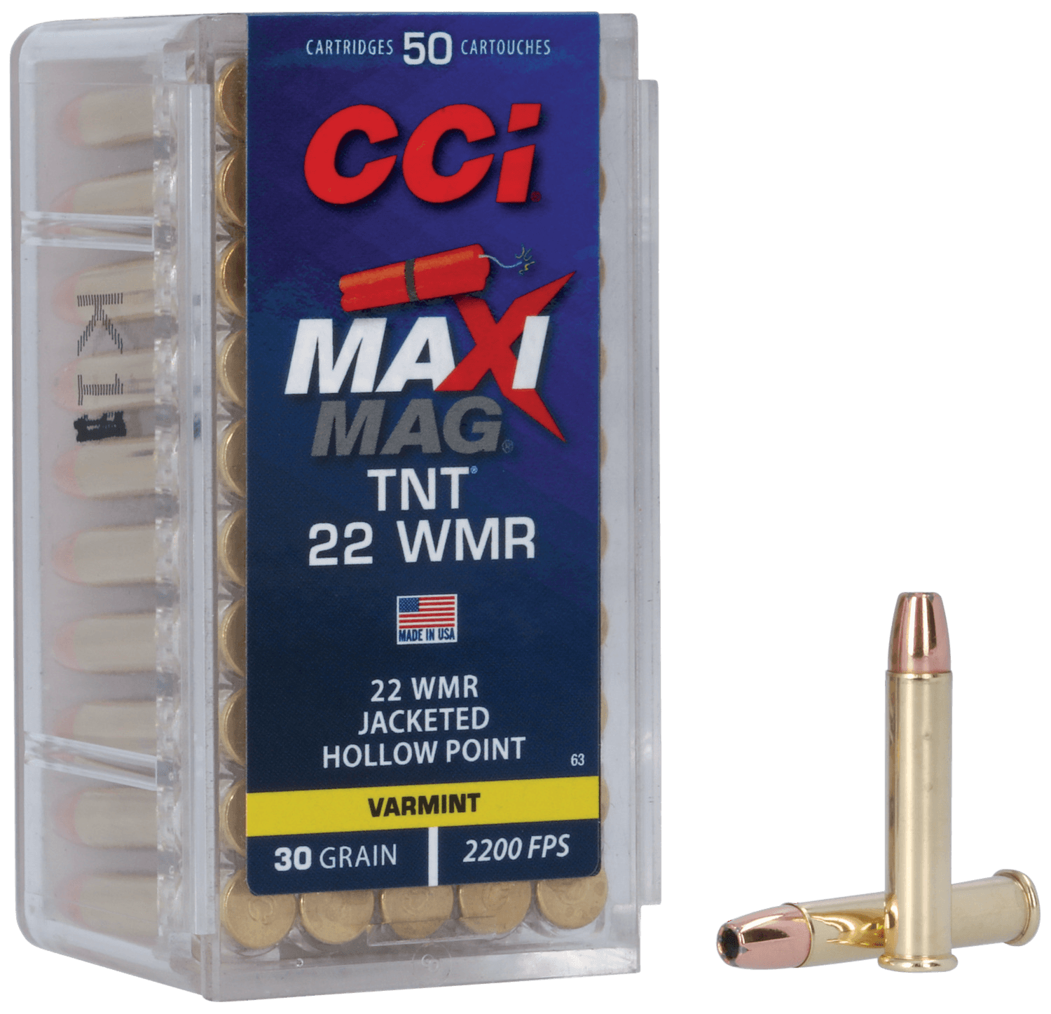 CCI, 22 Maxi-Mag TNT, 22 Winchester Mag, Jacketed Hollow Point, 30 Grain, 50 Rounds