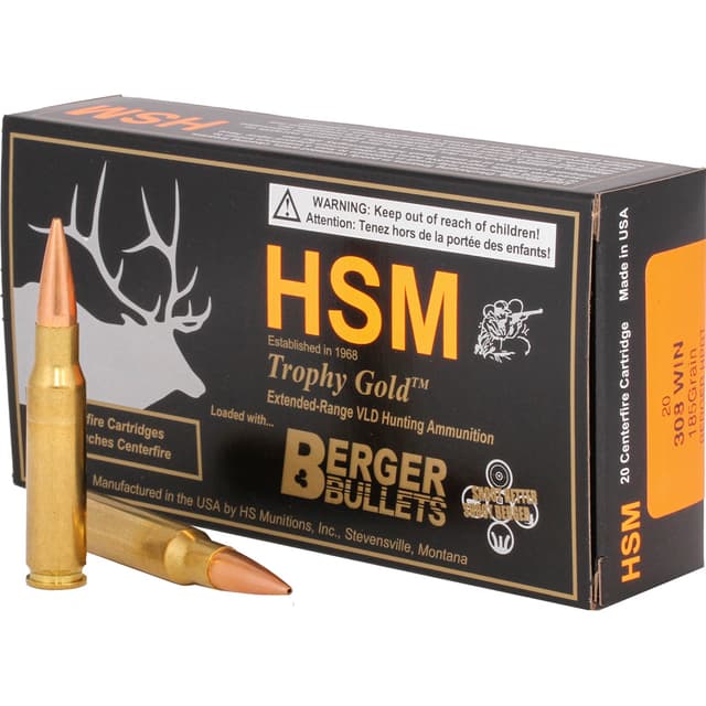 HSM Trophy Gold 308 Winchester Berger VLD 185 Grain 20 Rounds
