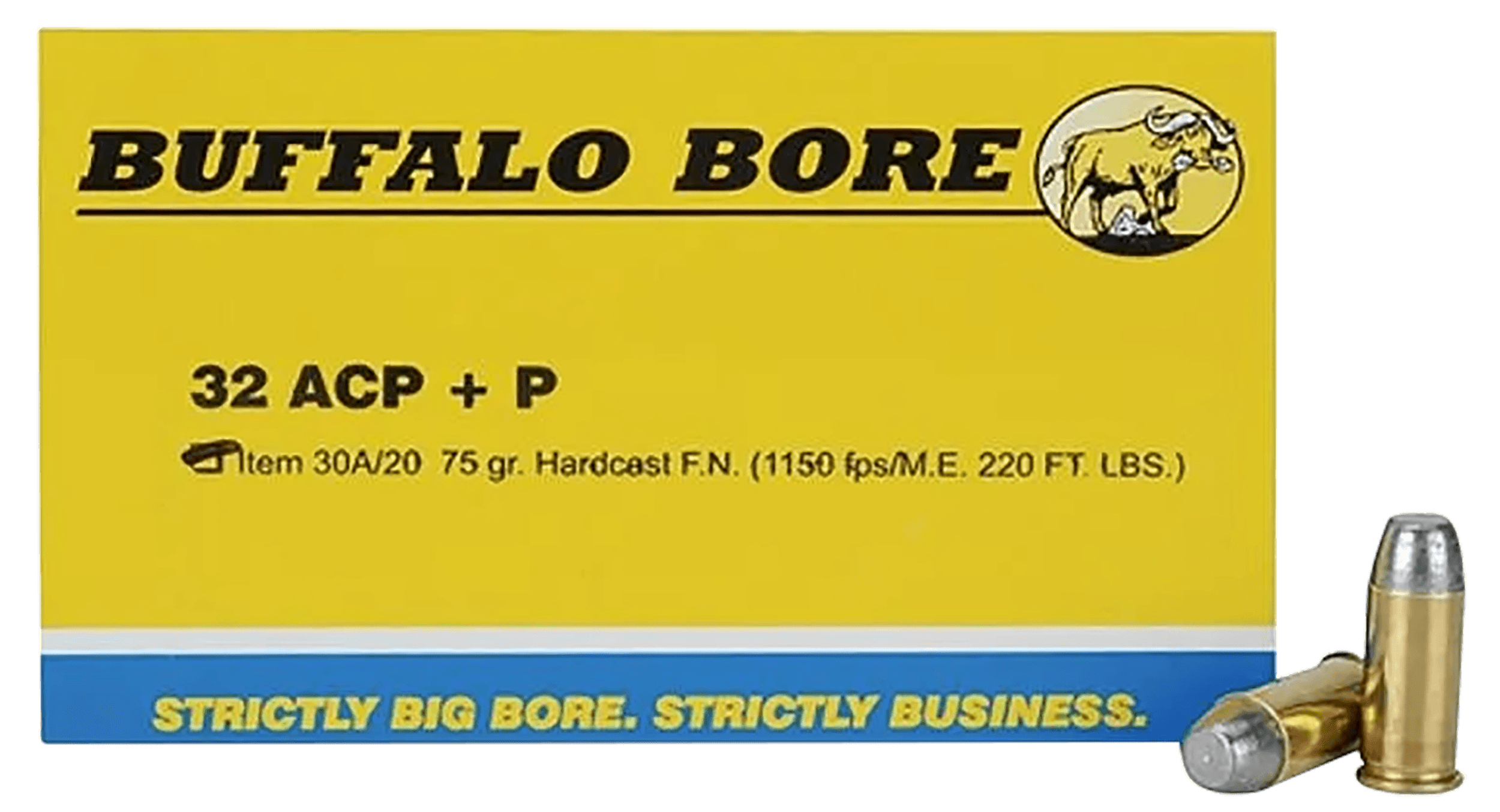 Buffalo Bore Ammunition 30A20 Personal Defense Strictly Business 32ACP +P 75gr Hard Cast Flat Nose 20 Rounds