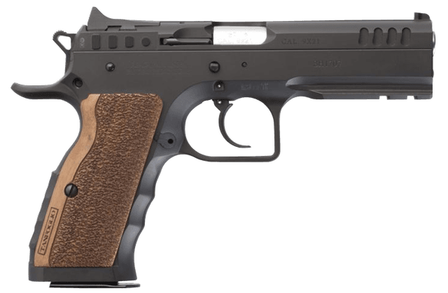 Tanfoglio IFG TFSTOCKI9 Defiant Stock I 9mm Luger Caliber with 4.50" Barrel, 16+1 Capacity, Overall Black Finish Steel, Picatinny Rail/Beavertail Frame, Serrated Slide & Wood Grip