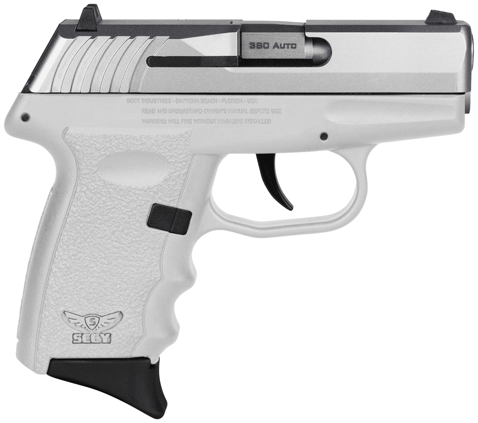 SCCY Industries CPX-3TTWT CPX-3 Sub-Compact Frame 380 ACP 10+1, 3.10" Stainless Quadlock Barrel, Serrated Stainless Steel Slide, White Polymer Frame w/Finger Grooves, No Safety,