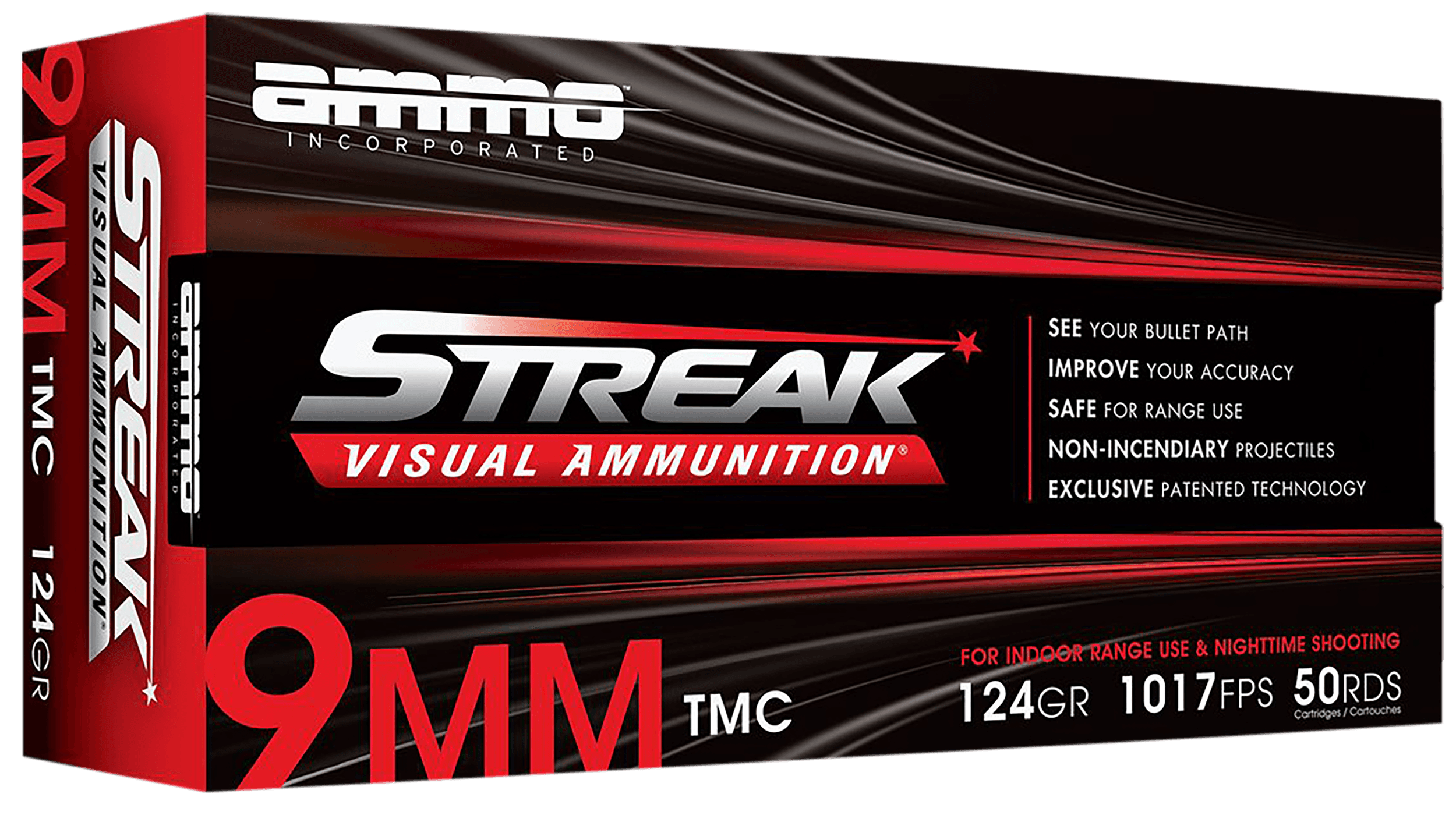 Ammo Inc STREAK Target 9mm Luger Handgun Ammo - 124 Grain | TMC | Red | 50rd Box