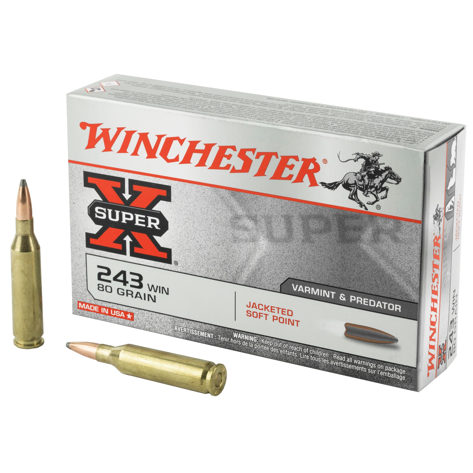 Winchester Super-X Rifle Ammo 243 Win 80 gr. Pointed Soft Point 20 rd.