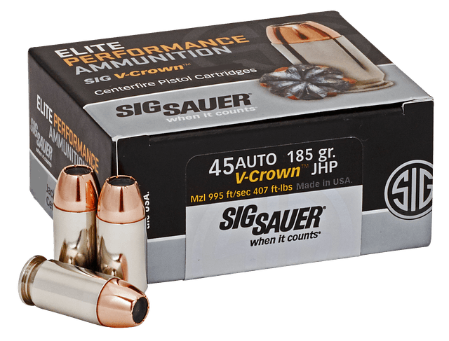 Sig Sauer E45AP050 45 ACP V Crown Jacketed Hollow Point 185 Grain 50 Rounds