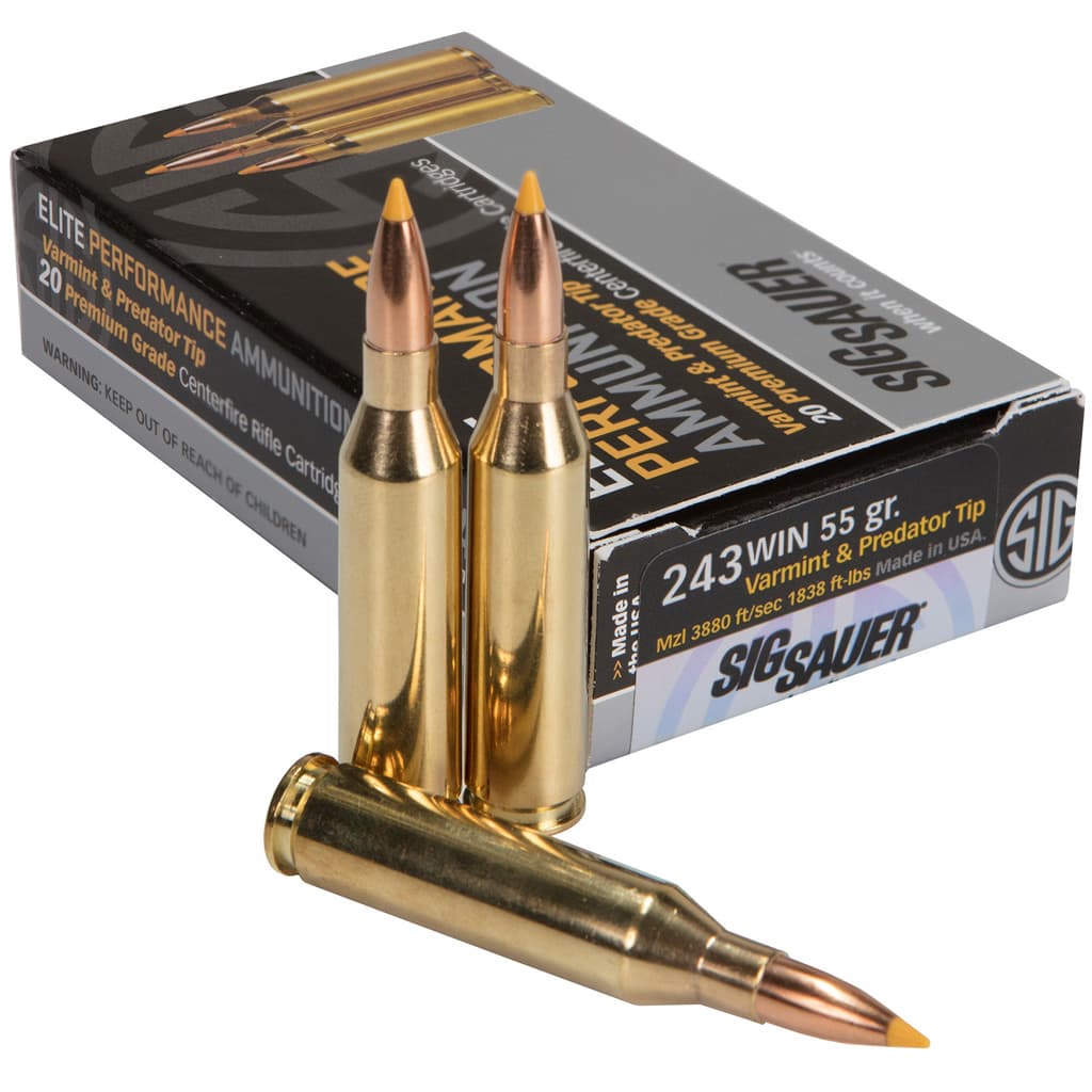 Sig Sauer Varmint and Predator Hunting Ammo 243 Winchester Extreme Expansion Tip 55 Grain 20 Rounds