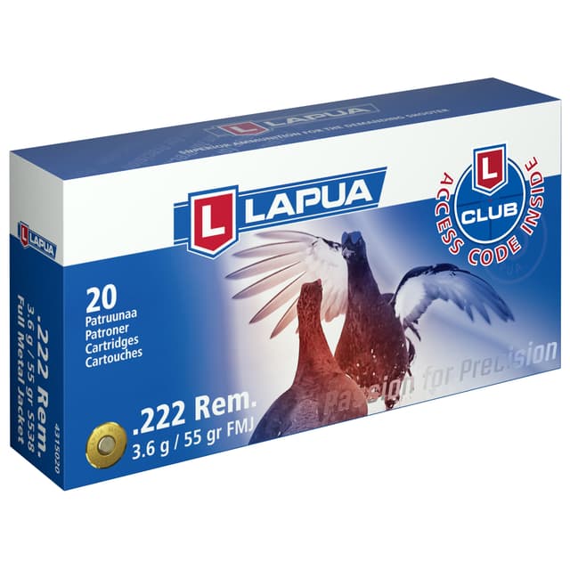 Lapua Rifle Ammuntion .222 Rem 55gr FMJ 2887 fps 20/ct