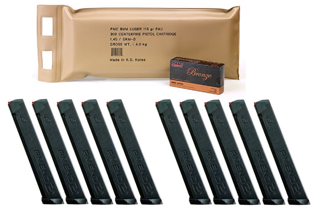 PMC Bronze 9mm Luger Handgun Ammo - 115 Grain | FMJ | 300rd Battle Pack Bundled w/ TEN Amend2 9mm Magazine - Black | 34rd | Fits Glock Double Stack
