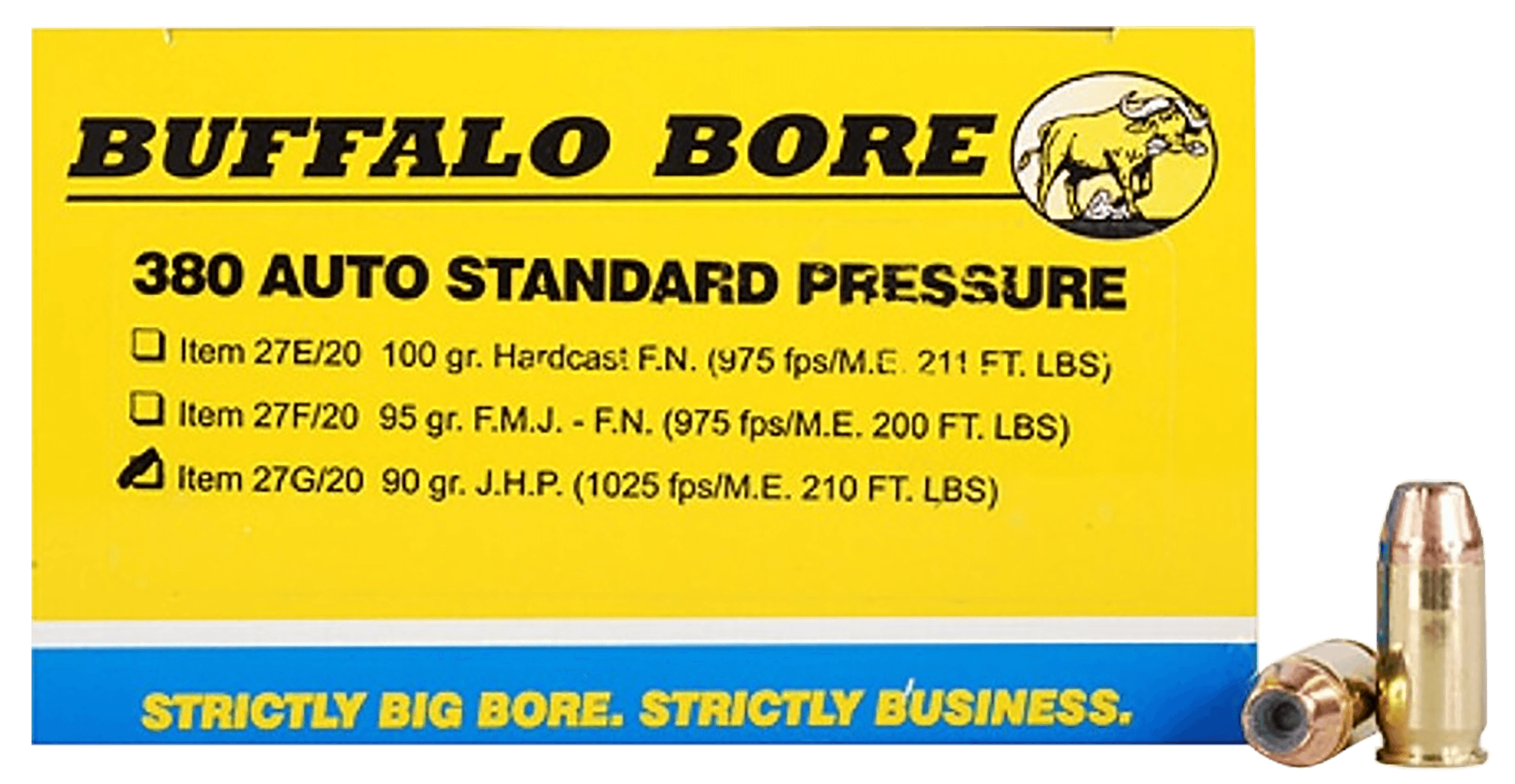 Buffalo Bore Ammunition 27G20 Standard Pressure Strictly Business 380ACP 90gr Jacket Hollow Point 20 Rounds