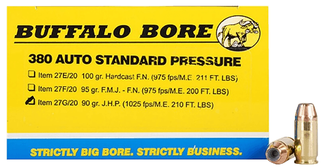 Buffalo Bore Ammunition 27G20 Standard Pressure Strictly Business 380ACP 90gr Jacket Hollow Point 20 Rounds