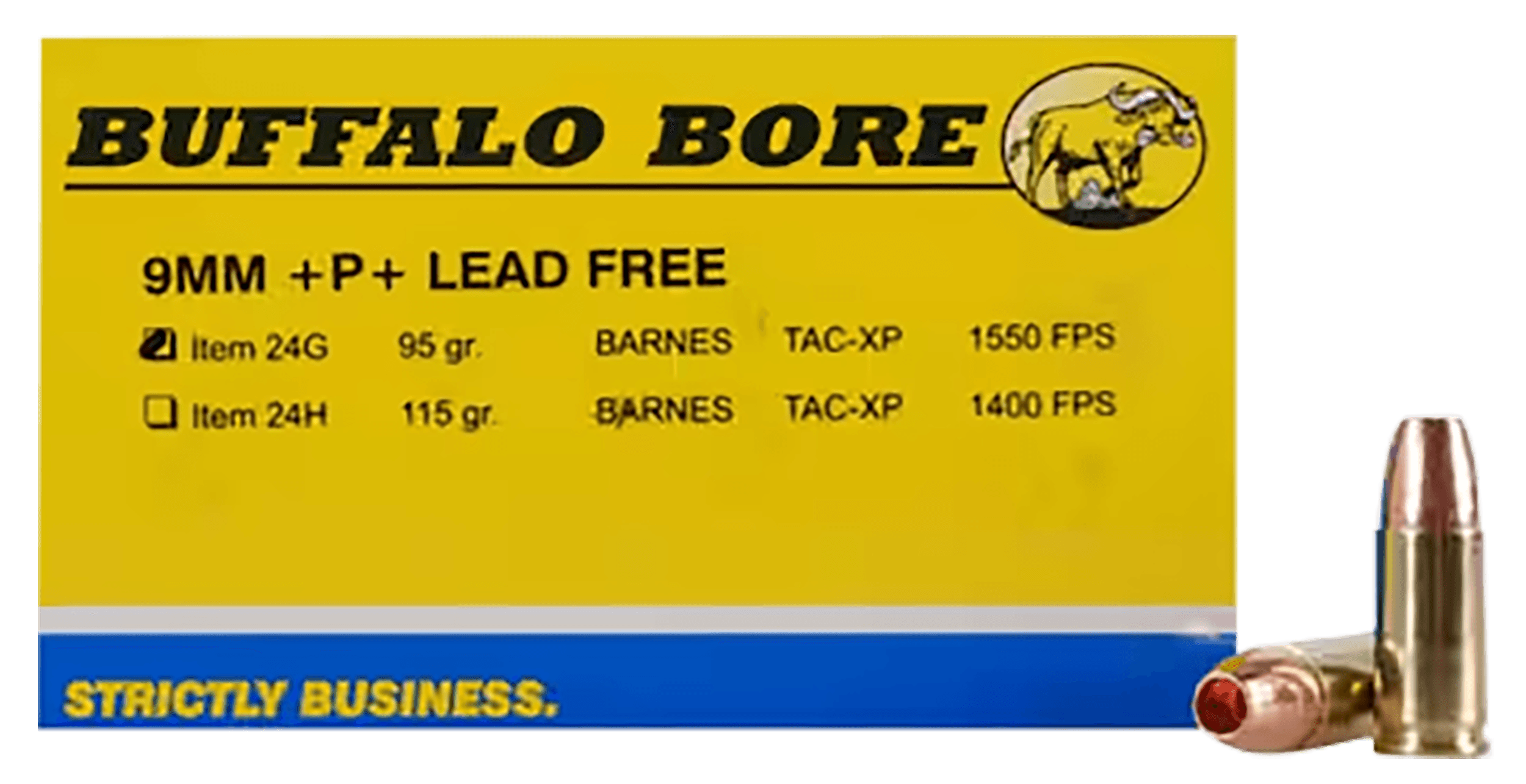 Buffalo Bore Ammunition 24G20 Buffalo-Barnes Strictly Business 9mmLuger +P+ 95gr Barnes TAC-XP Lead Free 20 Rounds