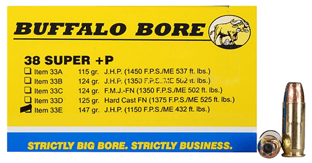 Buffalo Bore Ammunition 33E20 Personal Defense Strictly Business 38Super +P 147gr Jacket Hollow Point 20 Rounds