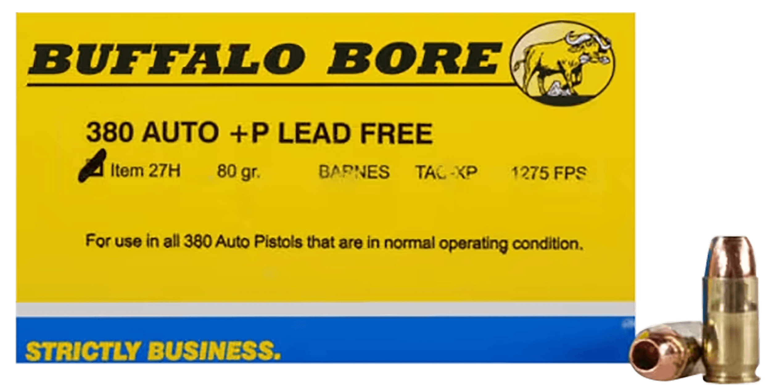 Buffalo Bore Ammunition 27H20 Buffalo-Barnes Strictly Business 380ACP +P 80gr Barnes TAC-XP Lead Free 20 Rounds