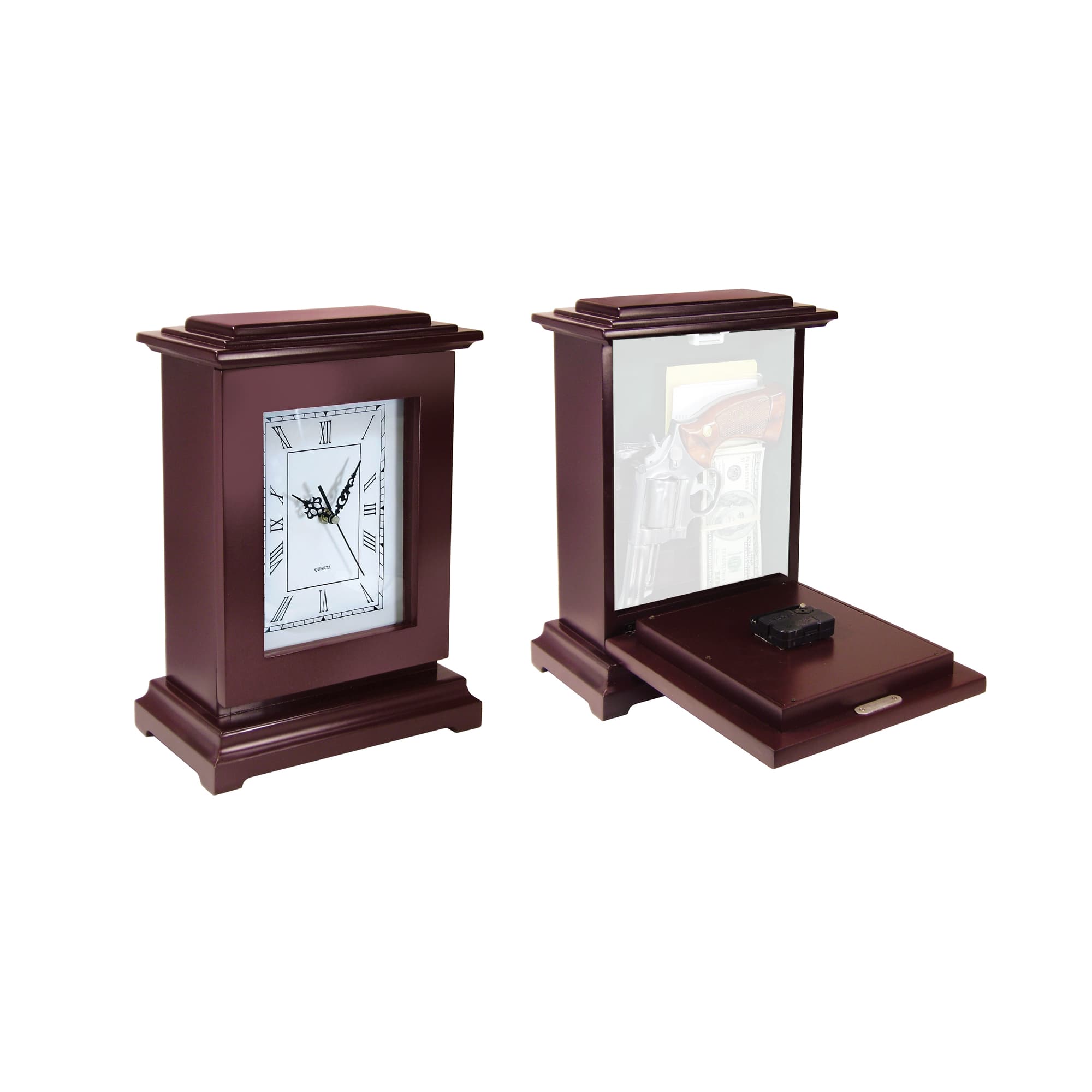 Peace Keeper RGC Tall Gun Clock Front Panel Entry Mahogany Stain Wood Holds 1 Handgun 13.25" L x 9.50" W x 6.25" D