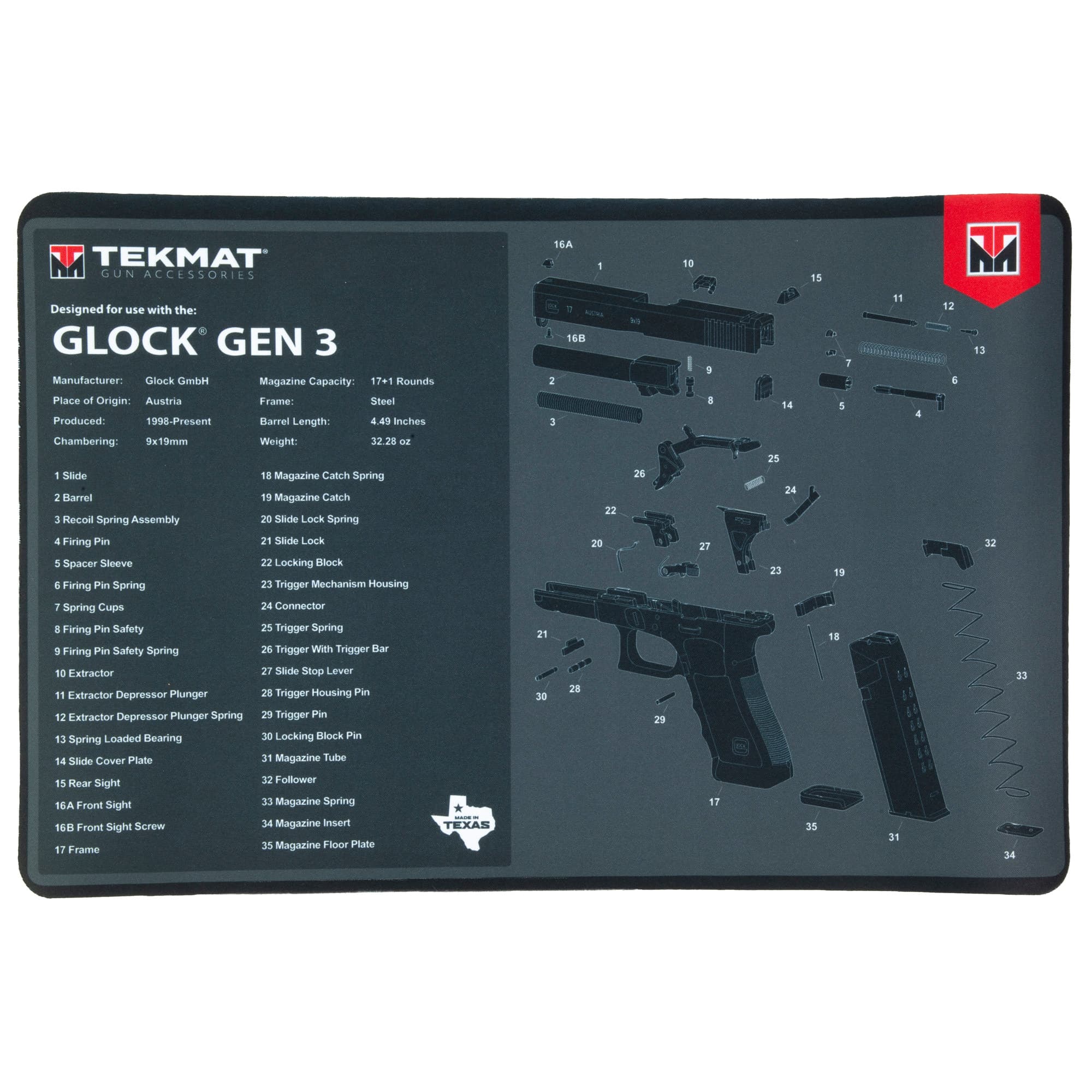 TekMat TEKR17GLOCKG3 Glock Gen 3 Glock Gen3 Parts Diagram 11" x 17"