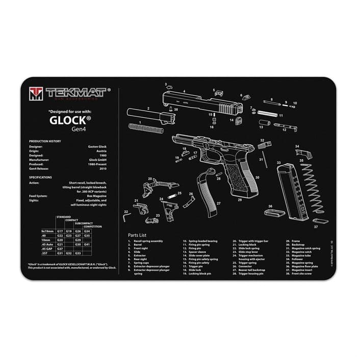 TekMat TEKR17GLOCKG4 Glock Gen4 Cleaning Mat Glock Gen4 Parts Diagram 11" x 17"