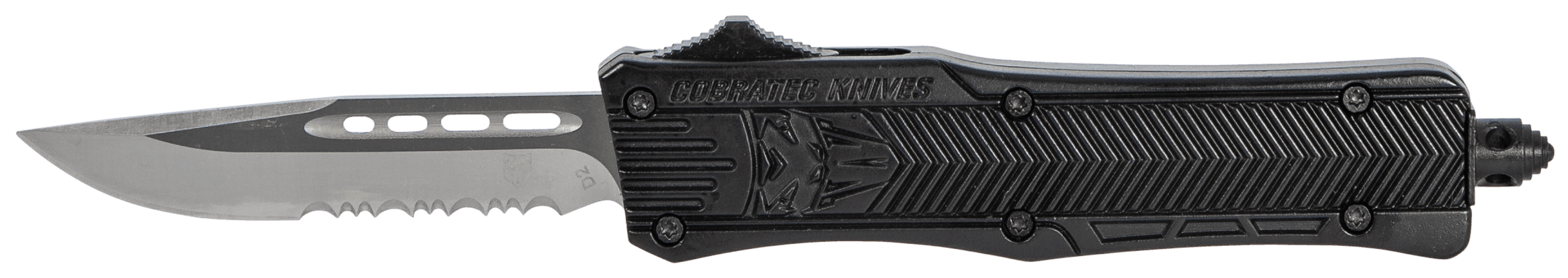 CobraTec Knives SBCTK1SDS CTK-1 Small 2.75" OTF Drop Point Part Serrated D2 Steel Blade/ Black Aluminum Handle Features Glass Breaker Includes Pocket Clip