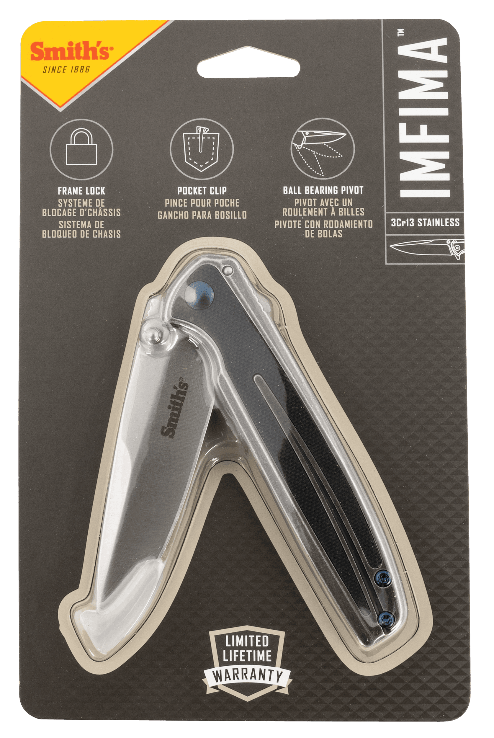 Smiths Products 51275 Imfima 3.26" Folding Drop Point Plain Bead Blasted 3Cr13MoV SS Blade/ Bead Blasted Stainless Steel Handle Includes Pocket Clip