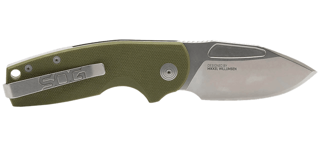 S.O.G SOG16030157 Stout SJ 2.60" Folding Clip Point Plain Stonewashed Cryo D2 Steel Blade/ Olive Drab Textured G10 Handle Includes Belt Clip