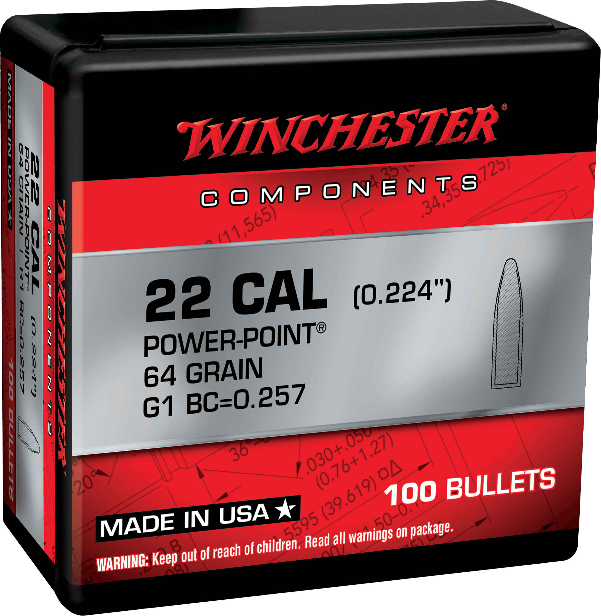 BULLETS .224 DIA. 64GR PP 100 COUNT